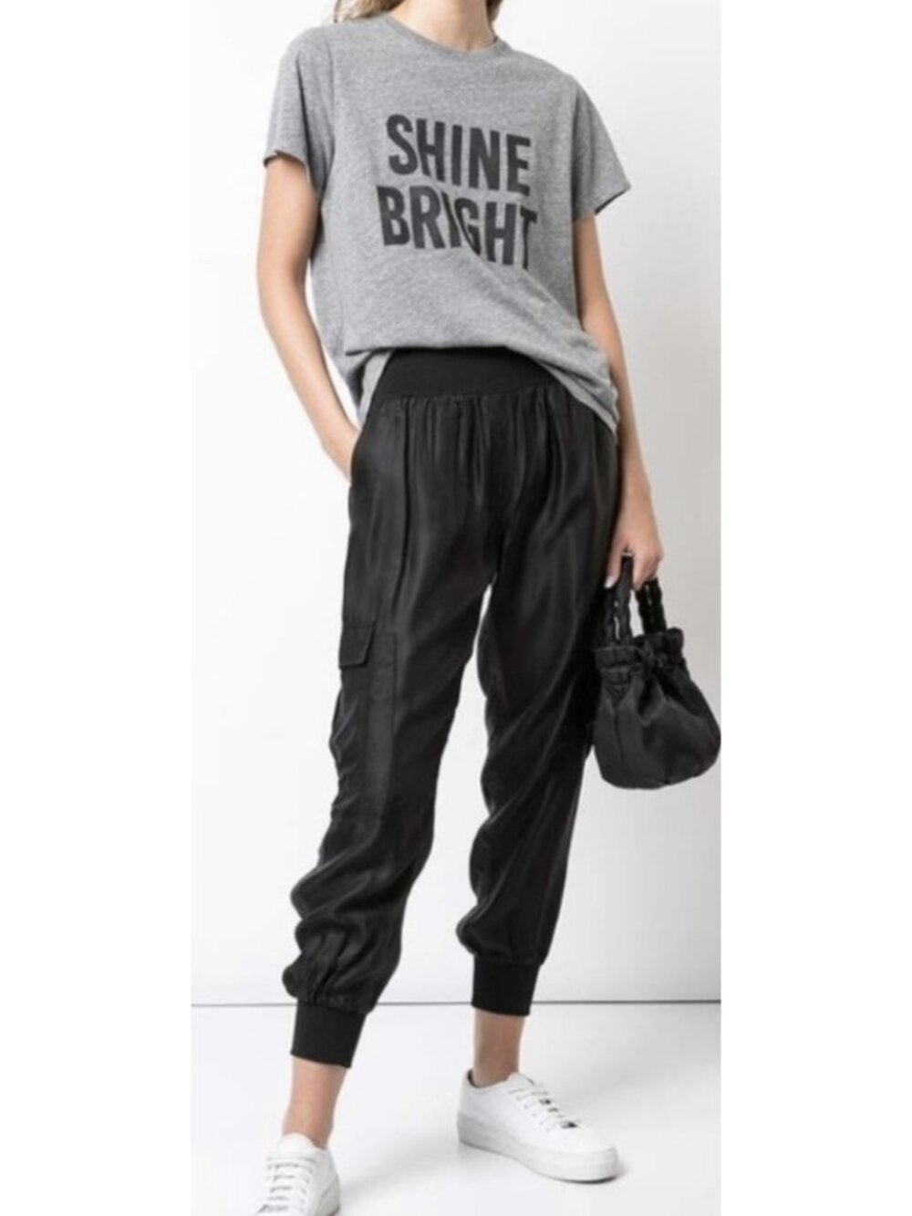 CINQ A SEPT Giles Satin Cargo Jogger Pants Black Medium Mob Wife Moto Utility